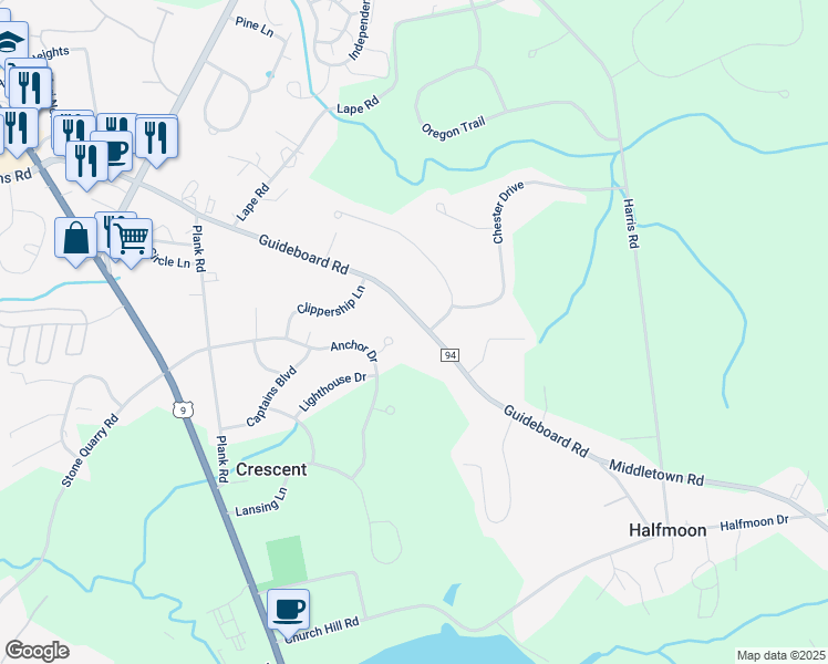 map of restaurants, bars, coffee shops, grocery stores, and more near 90-92 Guideboard Road in Waterford