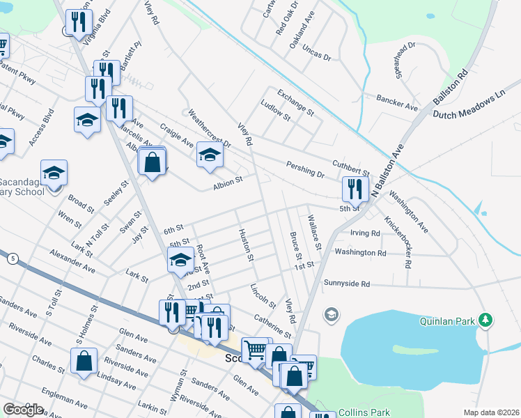 map of restaurants, bars, coffee shops, grocery stores, and more near 109 5th Street in Scotia
