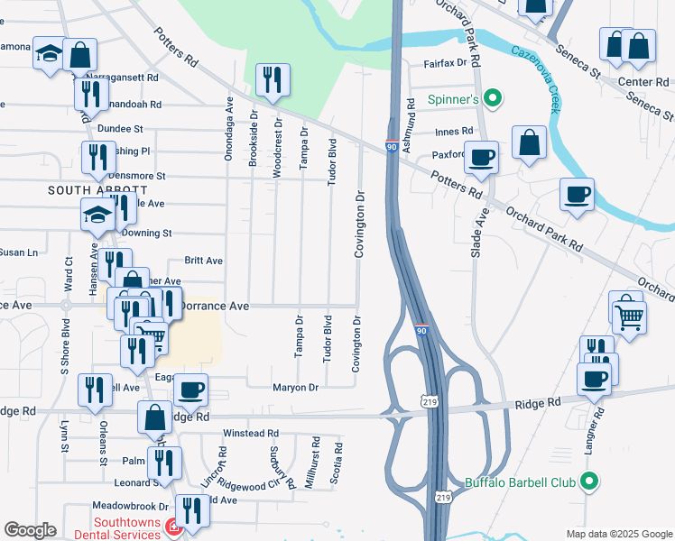 map of restaurants, bars, coffee shops, grocery stores, and more near 185 Covington Drive in Buffalo