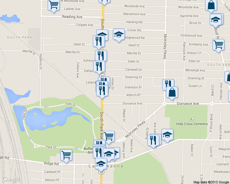 map of restaurants, bars, coffee shops, grocery stores, and more near 47 Aldrich Place in Buffalo