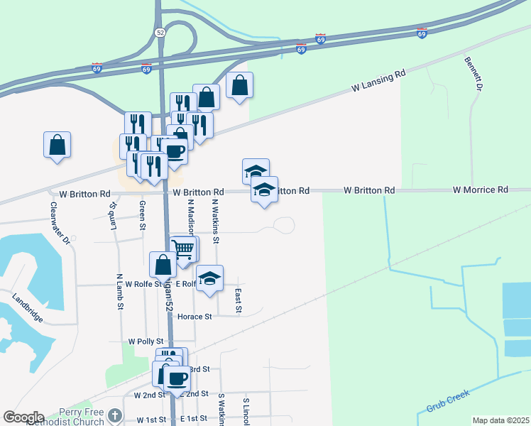 map of restaurants, bars, coffee shops, grocery stores, and more near 2775 West Britton Road in Perry