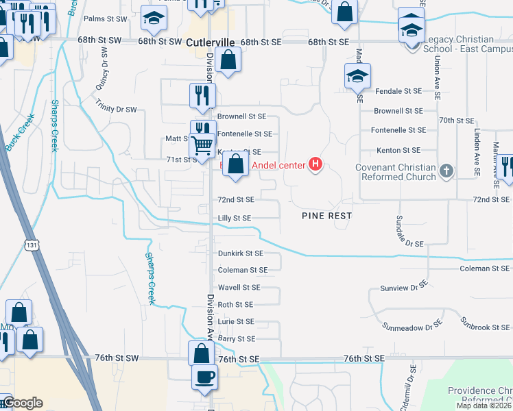 map of restaurants, bars, coffee shops, grocery stores, and more near 130 Lilly Street Southeast in Grand Rapids