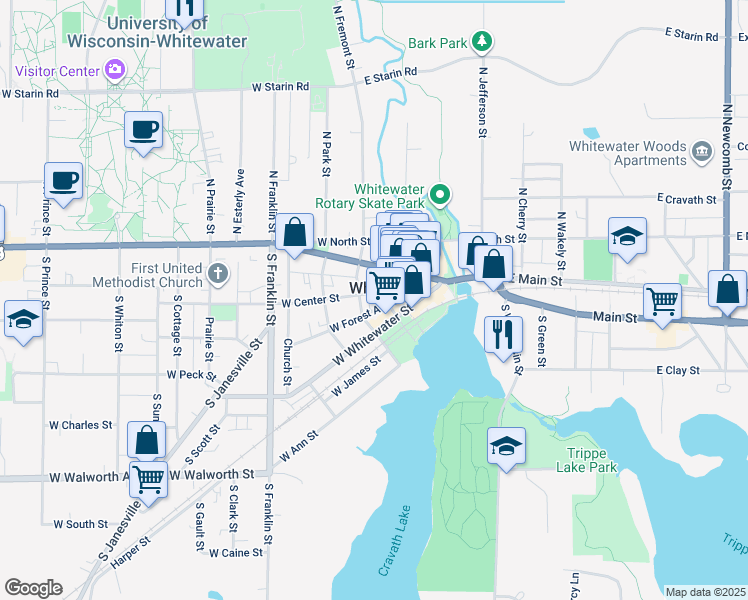 map of restaurants, bars, coffee shops, grocery stores, and more near 213 West Center Street in Whitewater