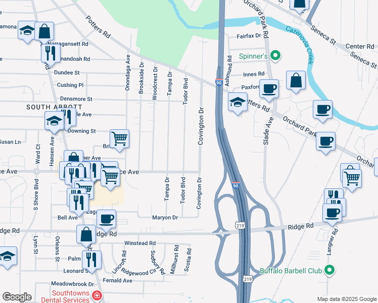 map of restaurants, bars, coffee shops, grocery stores, and more near 185 Covington Drive in Buffalo