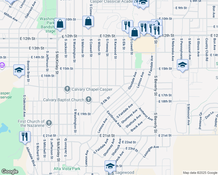 map of restaurants, bars, coffee shops, grocery stores, and more near 1705 South Fenway Street in Casper