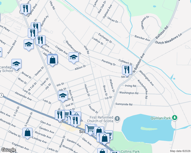 map of restaurants, bars, coffee shops, grocery stores, and more near 204 Vley Road in Scotia