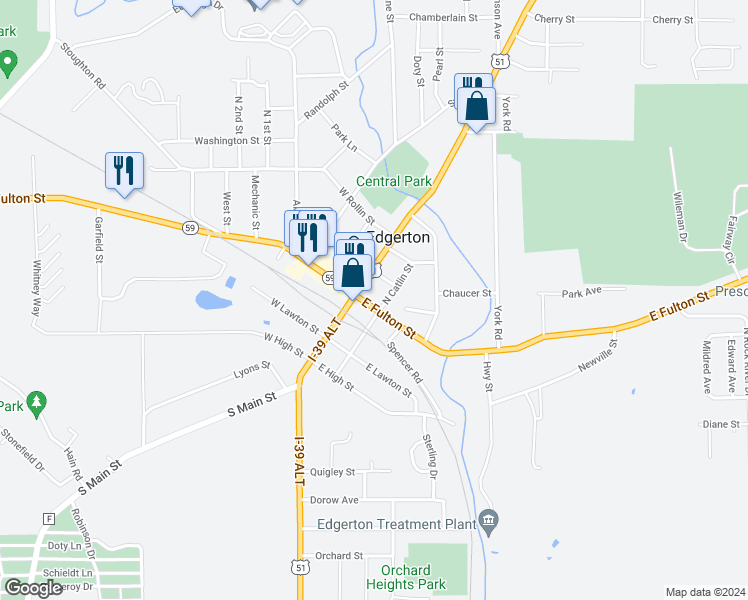 map of restaurants, bars, coffee shops, grocery stores, and more near 28 East Fulton Street in Edgerton