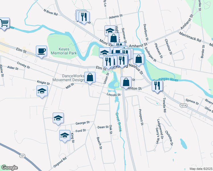 map of restaurants, bars, coffee shops, grocery stores, and more near 19 Union Street in Milford