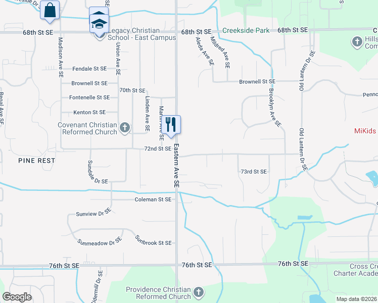 map of restaurants, bars, coffee shops, grocery stores, and more near 7166 Eastern Avenue Southeast in Grand Rapids