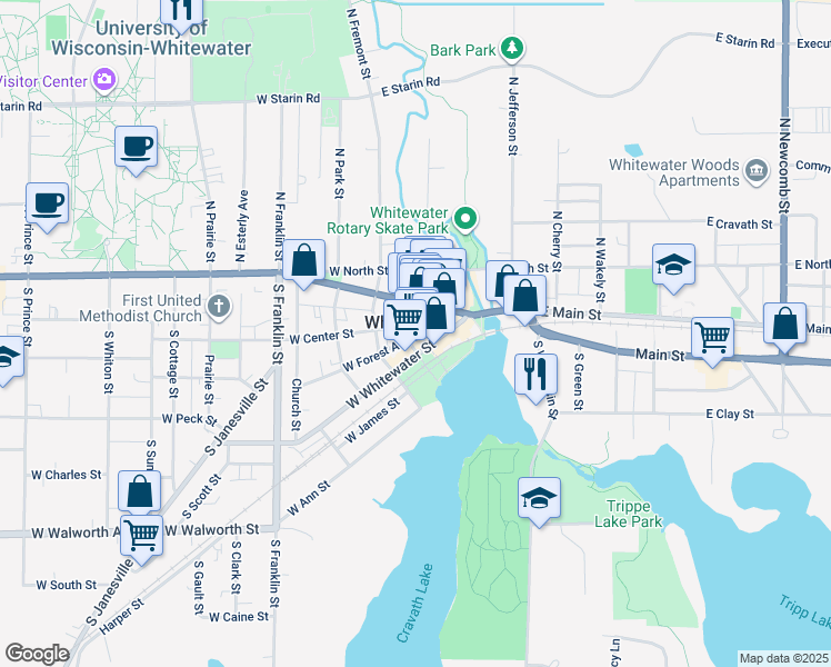 map of restaurants, bars, coffee shops, grocery stores, and more near in Whitewater