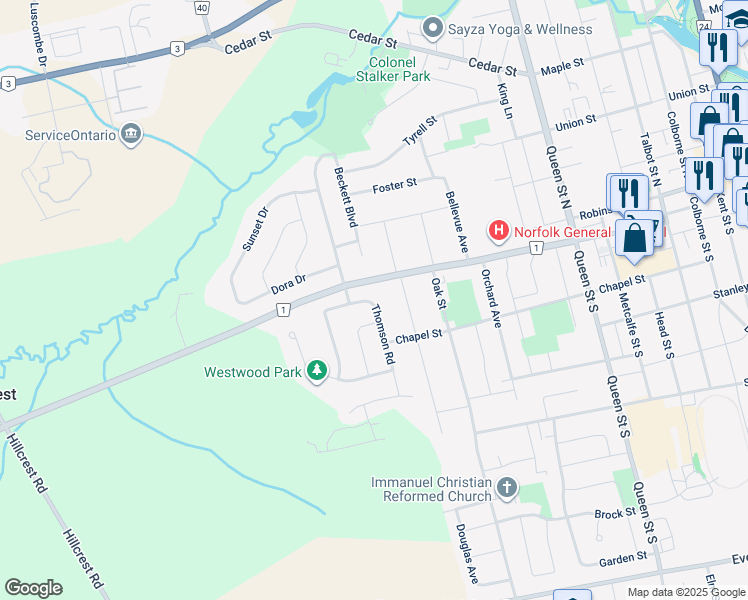 map of restaurants, bars, coffee shops, grocery stores, and more near 2 Beckett Boulevard in Simcoe