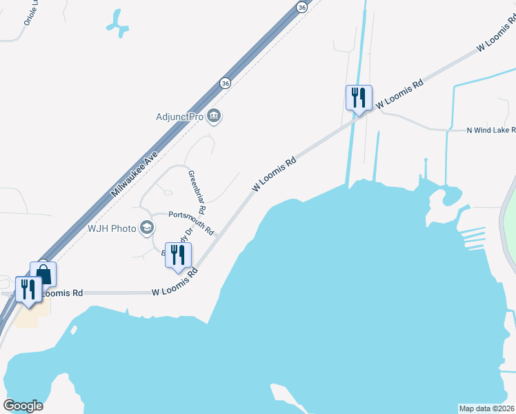 map of restaurants, bars, coffee shops, grocery stores, and more near 25204 West Loomis Road in Wind Lake