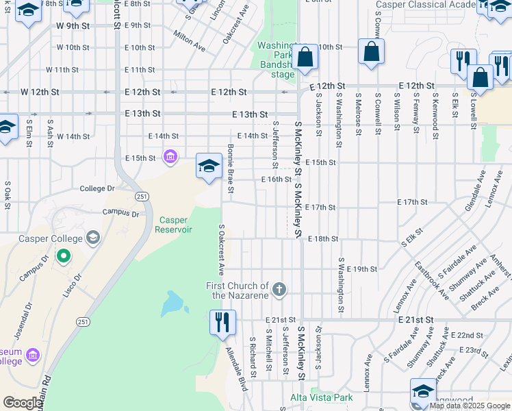 map of restaurants, bars, coffee shops, grocery stores, and more near 1700 South Mitchell Street in Casper