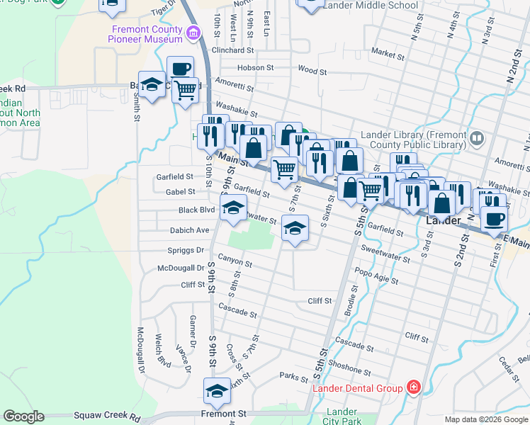 map of restaurants, bars, coffee shops, grocery stores, and more near 765 Garfield Street in Lander