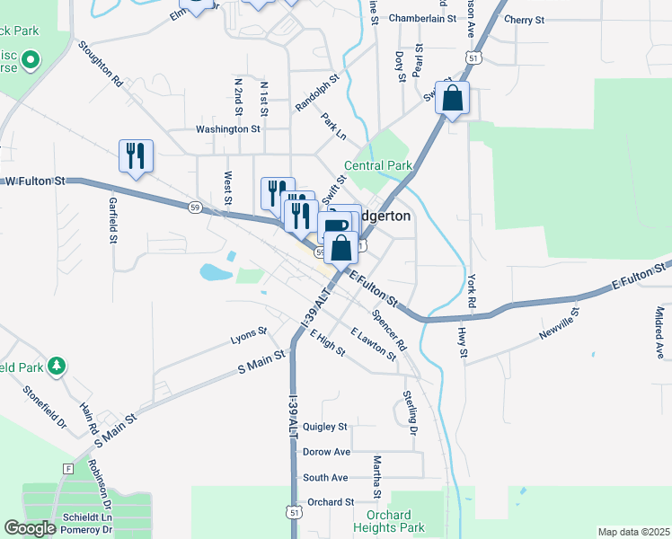 map of restaurants, bars, coffee shops, grocery stores, and more near 1 West Fulton Street in Edgerton