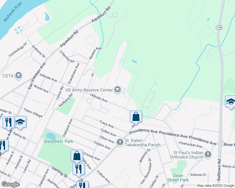 map of restaurants, bars, coffee shops, grocery stores, and more near 1201 Hillside Avenue in Schenectady