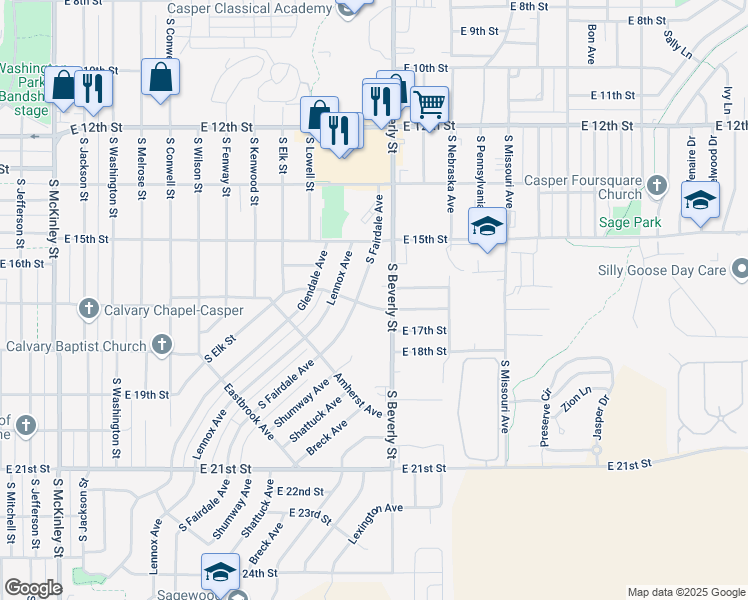 map of restaurants, bars, coffee shops, grocery stores, and more near 1631 South Fairdale Avenue in Casper