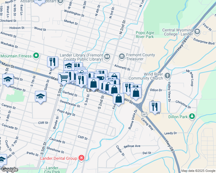 map of restaurants, bars, coffee shops, grocery stores, and more near in Lander