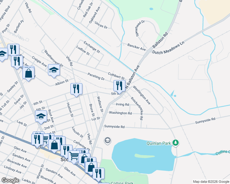 map of restaurants, bars, coffee shops, grocery stores, and more near 114 Pershing Drive in Scotia