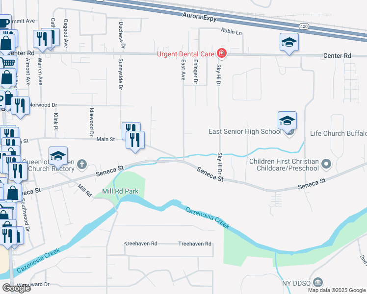map of restaurants, bars, coffee shops, grocery stores, and more near 53 East Avenue in Buffalo