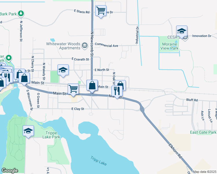 map of restaurants, bars, coffee shops, grocery stores, and more near 818 East Main Street in Whitewater