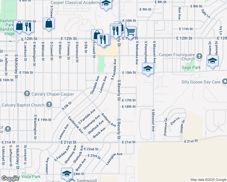 map of restaurants, bars, coffee shops, grocery stores, and more near 2100 Fairview Avenue in Casper