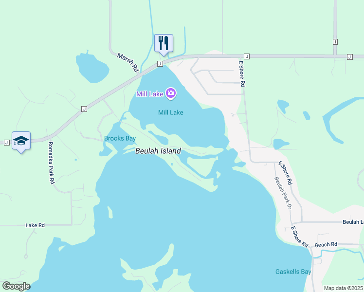 map of restaurants, bars, coffee shops, grocery stores, and more near N9384 Island Drive in Mukwonago