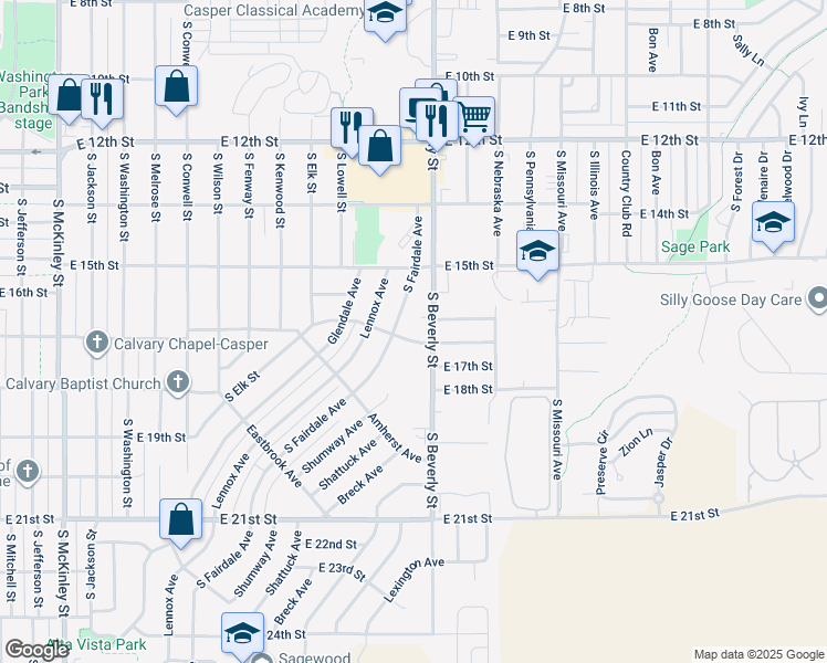 map of restaurants, bars, coffee shops, grocery stores, and more near 2100 Fairview Avenue in Casper
