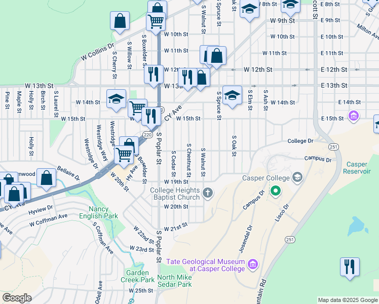 map of restaurants, bars, coffee shops, grocery stores, and more near 1700 South Chestnut Street in Casper