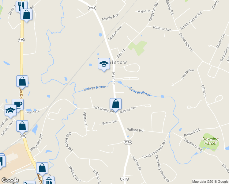 map of restaurants, bars, coffee shops, grocery stores, and more near 119 Main Street in Plaistow