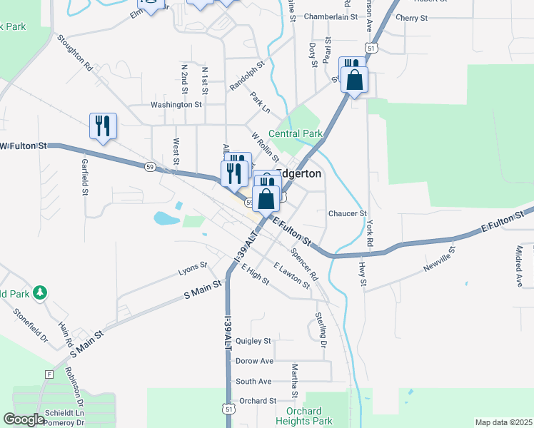 map of restaurants, bars, coffee shops, grocery stores, and more near 1 West Fulton Street in Edgerton