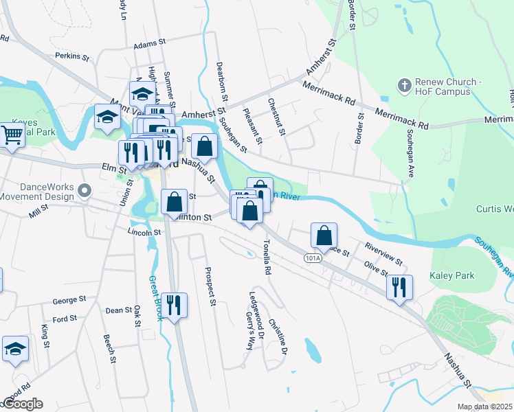 map of restaurants, bars, coffee shops, grocery stores, and more near 326 Nashua Street in Milford
