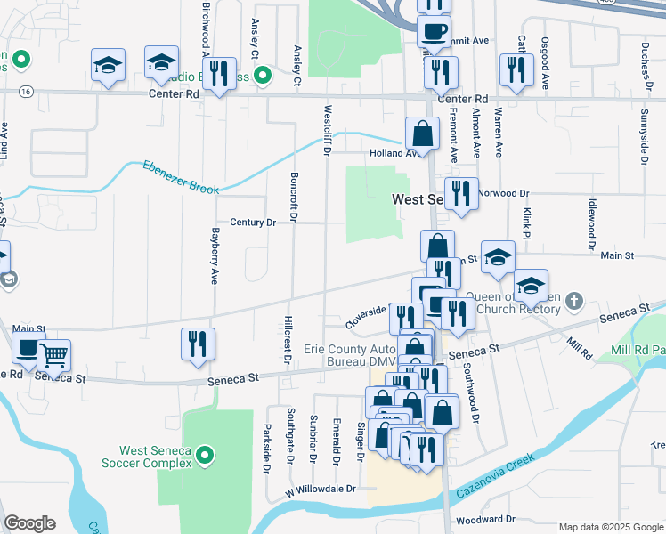 map of restaurants, bars, coffee shops, grocery stores, and more near 51 Westcliff Drive in Buffalo