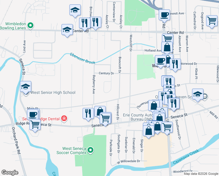 map of restaurants, bars, coffee shops, grocery stores, and more near 24 Hillview Terrace in Buffalo