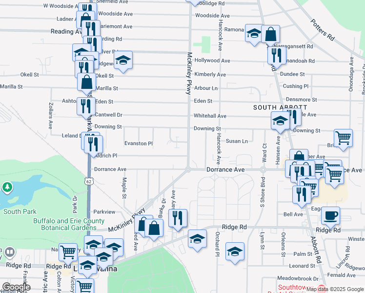 map of restaurants, bars, coffee shops, grocery stores, and more near 70 McKinley Parkway in Buffalo