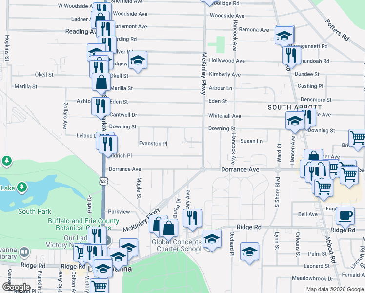 map of restaurants, bars, coffee shops, grocery stores, and more near 42 Latona Court in Buffalo