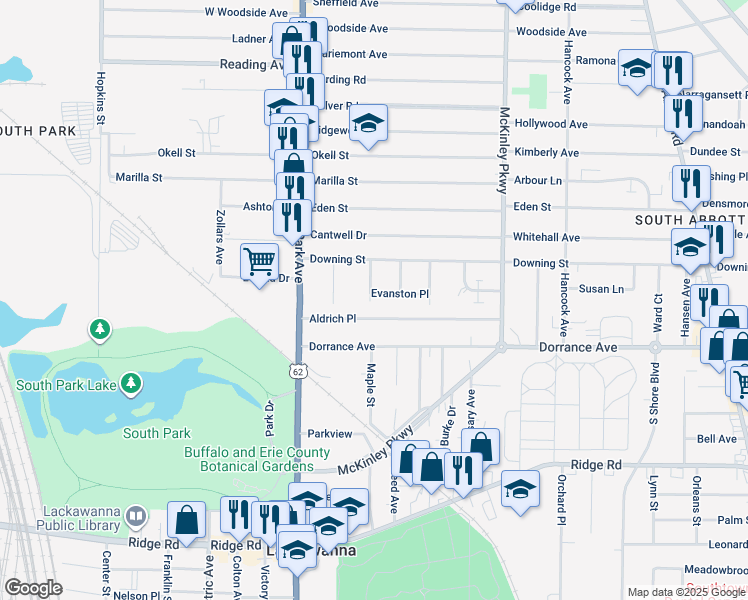 map of restaurants, bars, coffee shops, grocery stores, and more near 25 Sibley Street in Buffalo