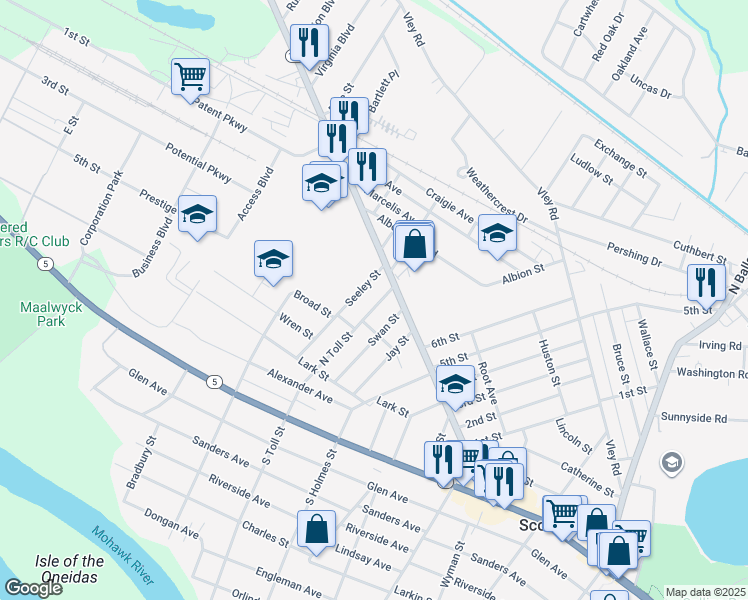map of restaurants, bars, coffee shops, grocery stores, and more near 159 North Toll Street in Scotia