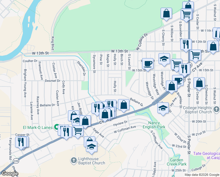 map of restaurants, bars, coffee shops, grocery stores, and more near 1625 Maple Street in Casper