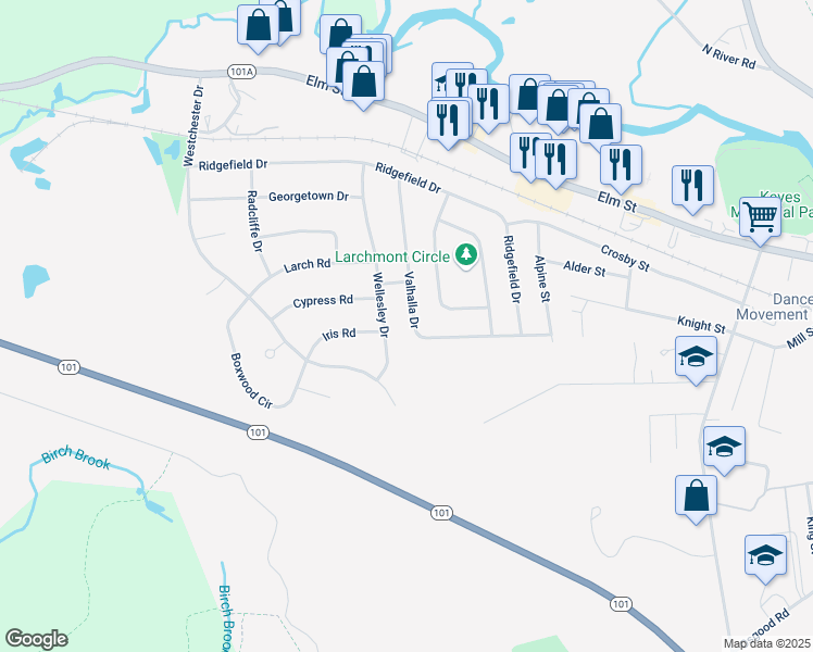 map of restaurants, bars, coffee shops, grocery stores, and more near 62 Wellesley Drive in Milford