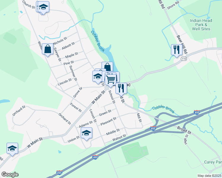 map of restaurants, bars, coffee shops, grocery stores, and more near 2 School Street in Merrimac