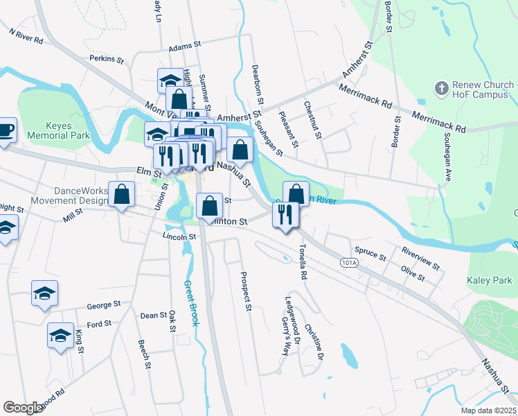 map of restaurants, bars, coffee shops, grocery stores, and more near 28 High Street in Milford