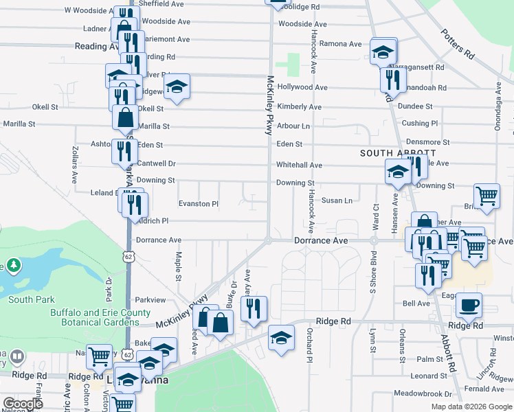 map of restaurants, bars, coffee shops, grocery stores, and more near 70 McKinley Parkway in Buffalo