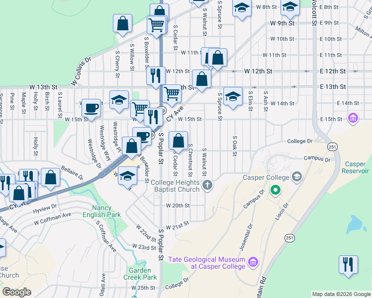 map of restaurants, bars, coffee shops, grocery stores, and more near 1624 South Chestnut Street in Casper