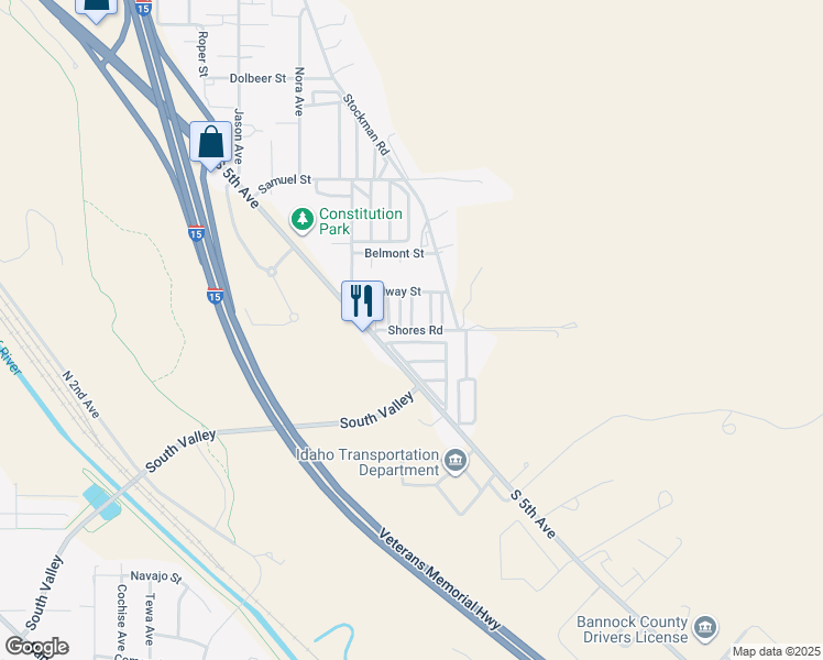map of restaurants, bars, coffee shops, grocery stores, and more near Shores Road in Pocatello