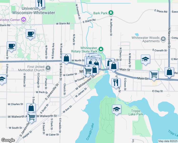 map of restaurants, bars, coffee shops, grocery stores, and more near in Whitewater
