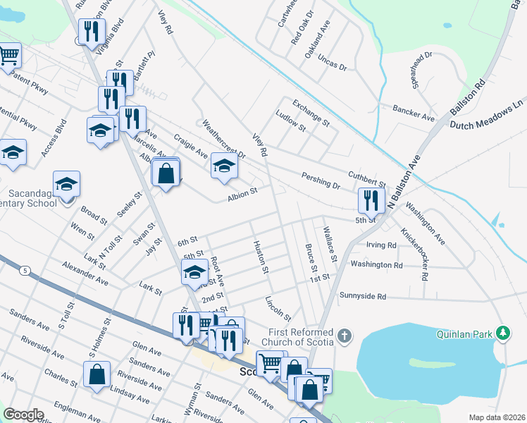 map of restaurants, bars, coffee shops, grocery stores, and more near 215 Vley Road in Scotia