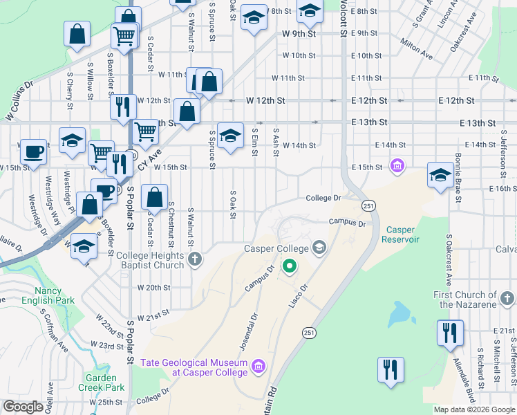 map of restaurants, bars, coffee shops, grocery stores, and more near in Casper