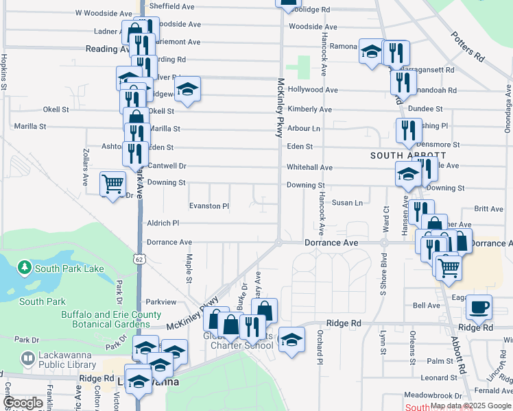map of restaurants, bars, coffee shops, grocery stores, and more near 70 McKinley Parkway in Buffalo