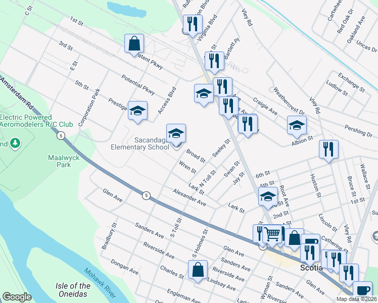 map of restaurants, bars, coffee shops, grocery stores, and more near 245 Broad Street in Schenectady